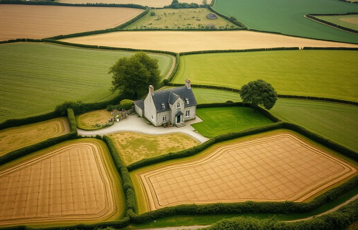 Vue aérienne de la ferme de Traon Bihan et de son parcellaire bocager